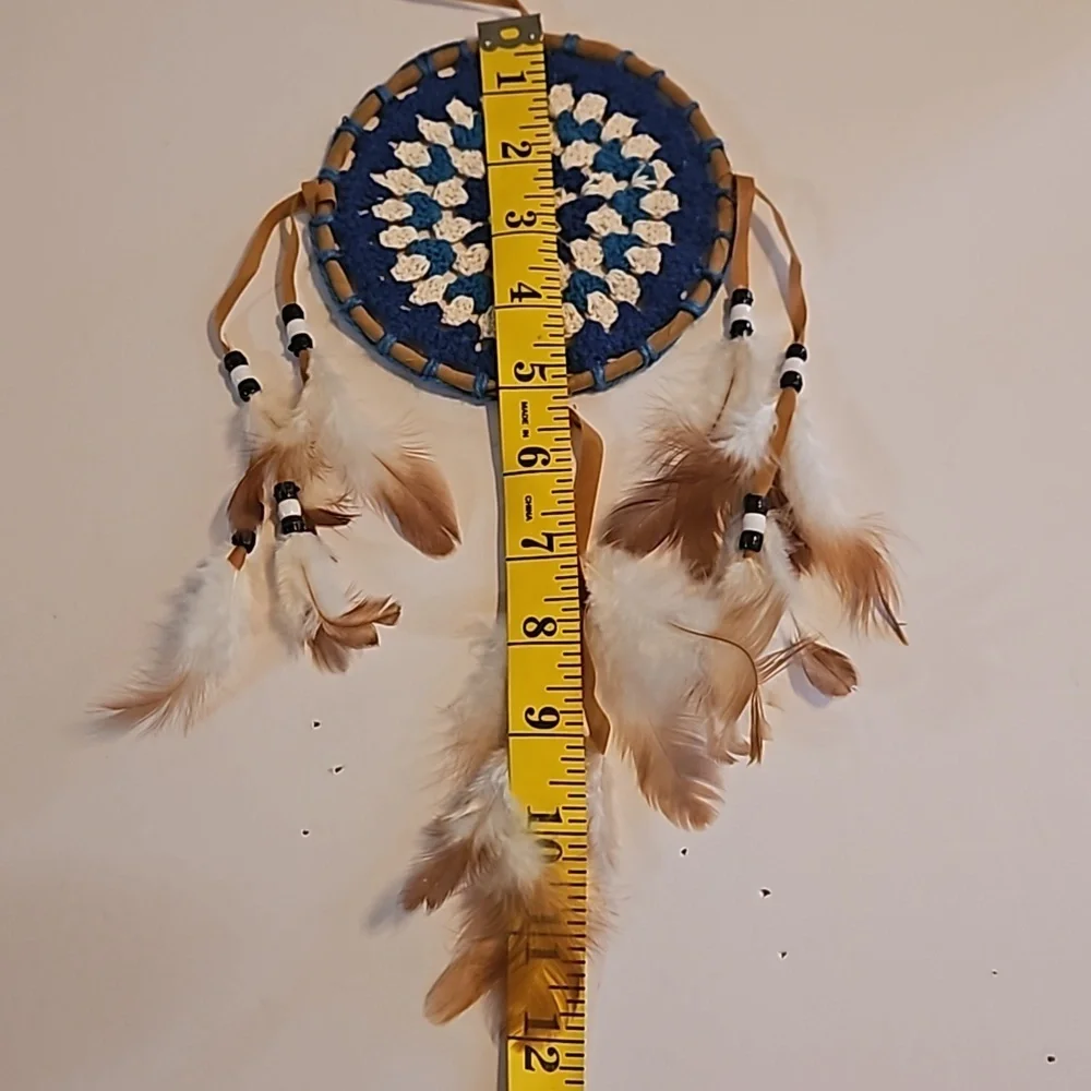 Hand Crafted crochet floral dreamcatcher blue eclectic textile arts wall decor